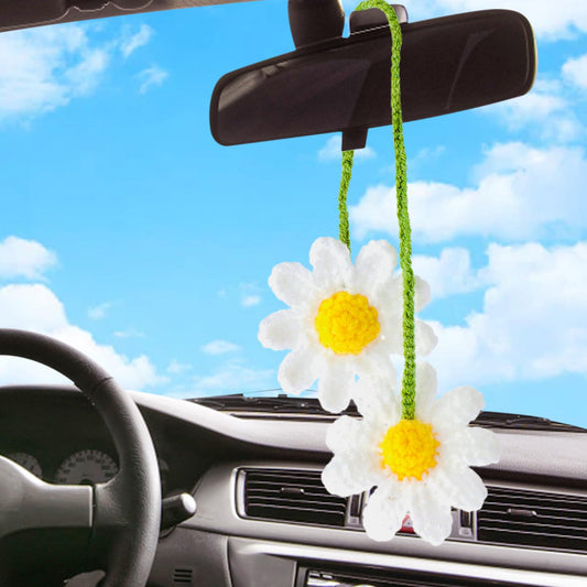 Giantree Cute Daisy Crochet Decor for Car Mirror Hanging Accessories, Handmade Knitted Daisy Rear View Mirror Accessories Daisy Car Decorations for Women Girls Automotive Interior Aesthetic(White)