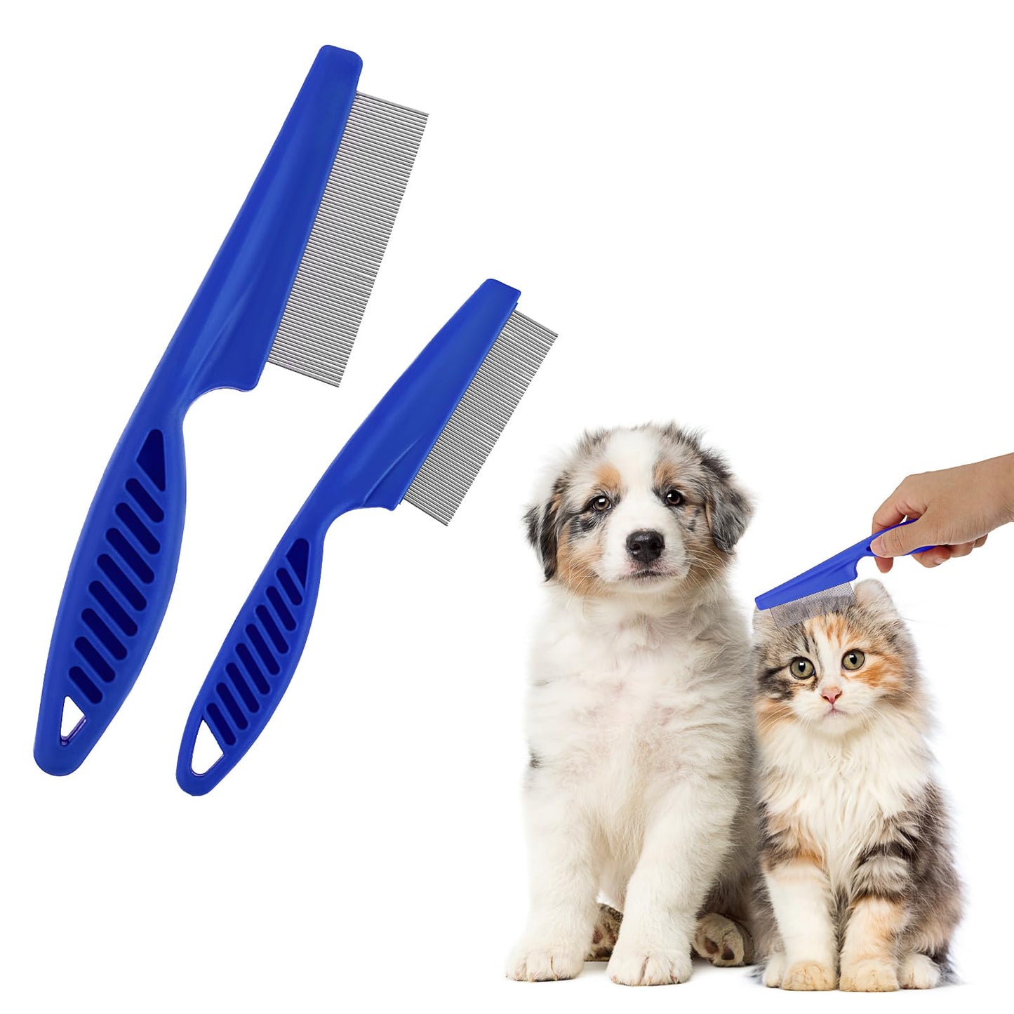 TIESOME Pet Hair Comb Tear Stain Removal,2 Pack Multifunctional Pets Grooming Comb Kit 2 in 1 Dog Combs Stainless Grooming Massage Dual-Sided Comb for Knots Crust Floating Hair Fleas(Blue)