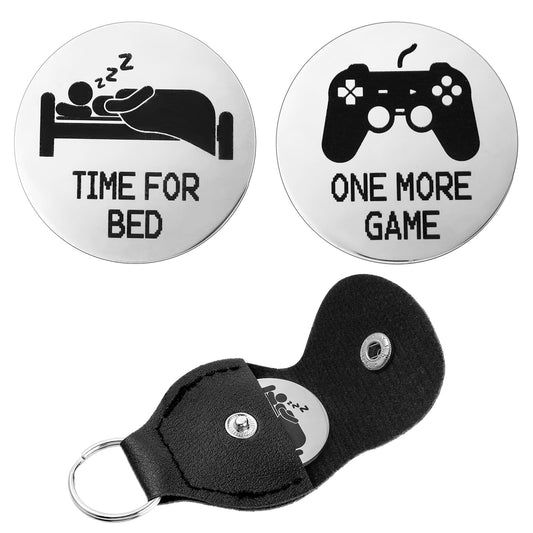 Amaxiu Decision Maker Coins, Pocket Hug Token Double Sided Funny Decision Coins Destiny Flip Coins with Leather Keychain Gift for Game Lovers, One More Game or Time for Bed(Silver)