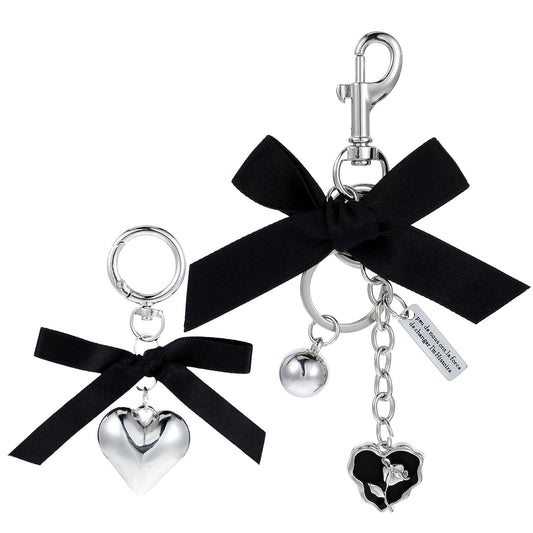 AOZUO Pack of 2 Bow Keyrings, Y2k Black Bow Key Ring with Heart Pendant, Cute Bag Pendant, Accessories for Car Keys, Mobile Phone Pruse Purse, black, M