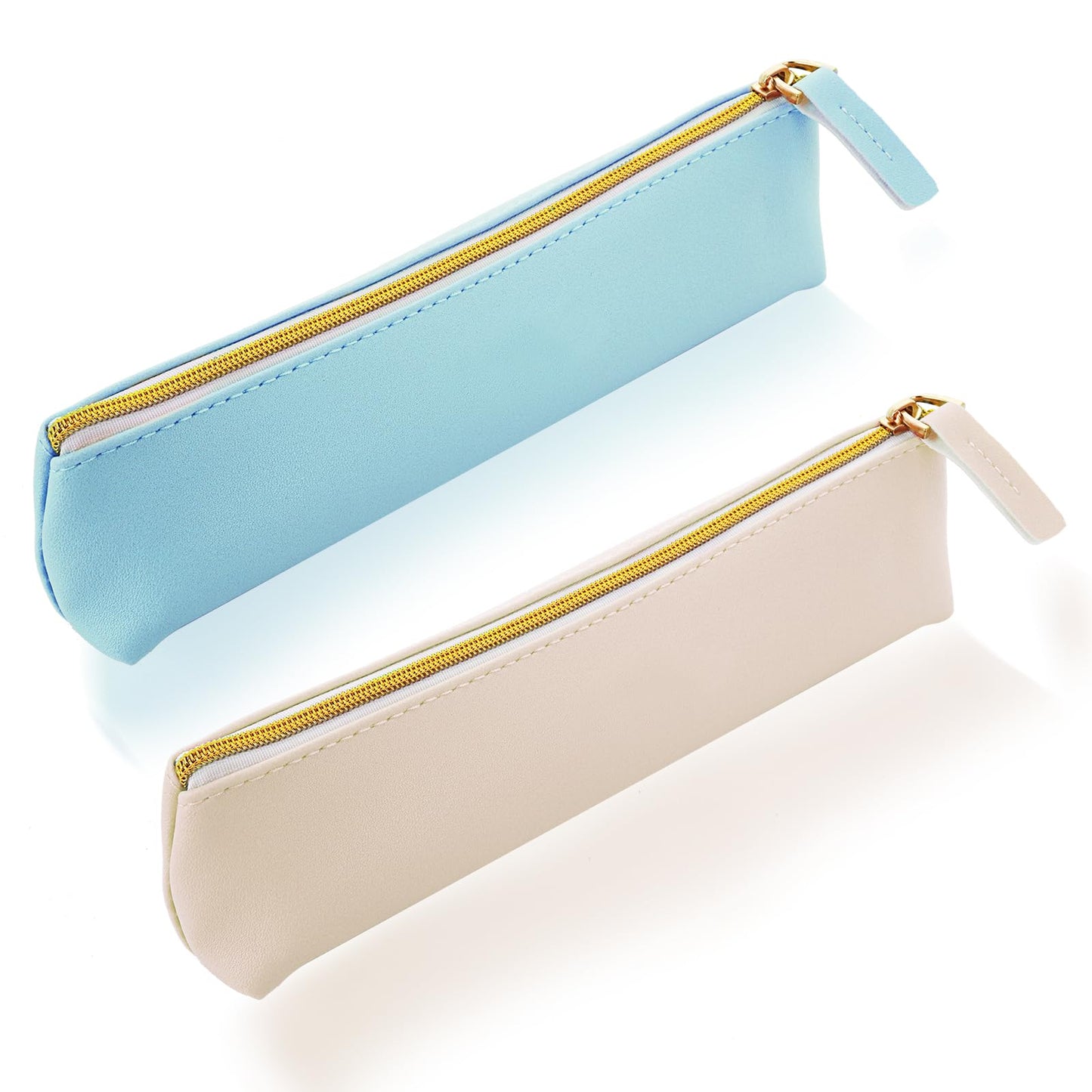 TIESOME Leather Pen Pencil Case, 2PCS Cute Slim Pen Bag Small Pencil Pouch Lovely Stationery Bag Portable Cosmetic Bag Zipper Bag for Pen Pencils Markers (White+Blue)
