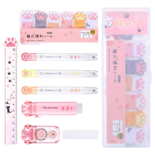Andibro 9Pcs Cute Cat Paw Stationery Set, Kawaii Gifts for Kids Cat Lovers Double-Ended Highlighter Retractable Eraser Correction Tape Sticky Notes Ruler Eraser Replacement Core School Supplies(Pink)