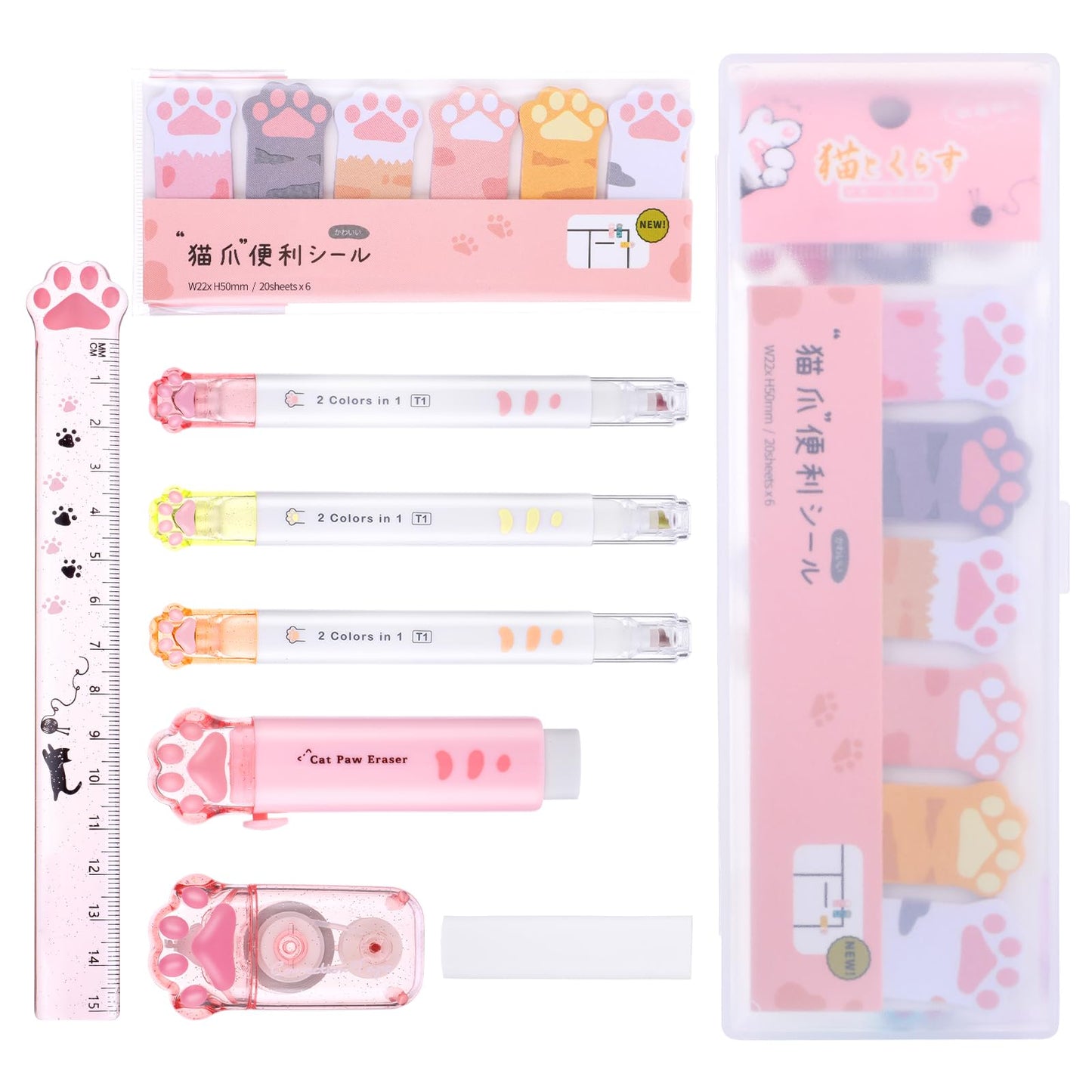 Andibro 9Pcs Cute Cat Paw Stationery Set, Kawaii Gifts for Kids Cat Lovers Double-Ended Highlighter Retractable Eraser Correction Tape Sticky Notes Ruler Eraser Replacement Core School Supplies(Pink)