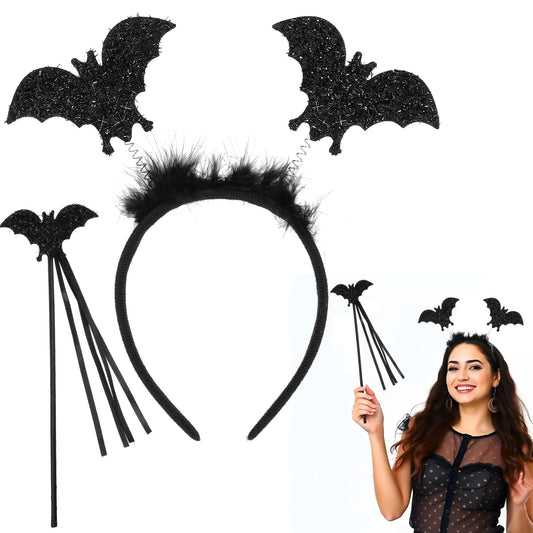 Amabro Halloween Headband, 2Pcs Halloween Hair Accessories Black Bat Wing Headdress with Bat Wand Glitter Confetti Head Bopper Headpiece for Halloween Cosplay Party Costume Masquerade(Bat)