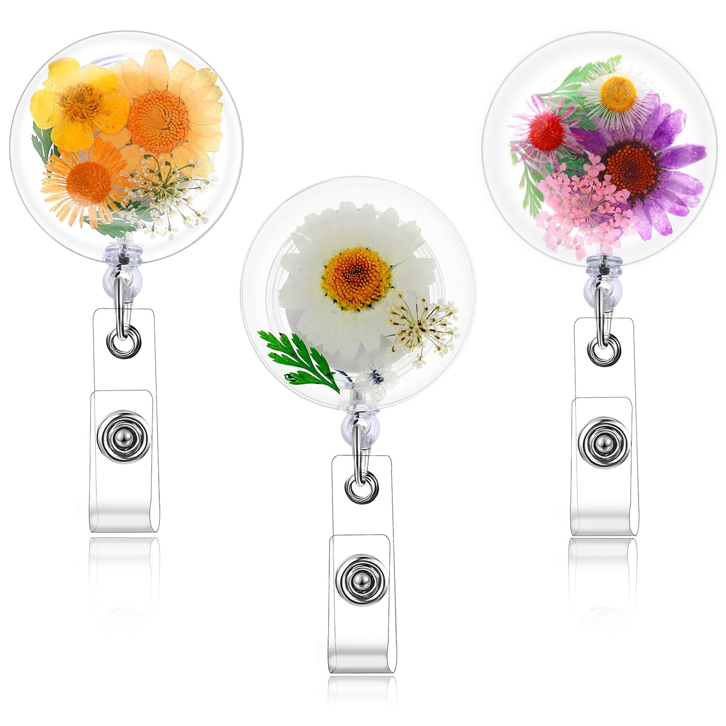 TIESOME 3 Pcs Dried Flower Retractable Badge Reel, Resin ID Card Badge Holder Reels Cute Badge Clip Floral ID Name Card Holders Aesthetics Lanyards Accessories for Nurse Doctor Teacher(A)