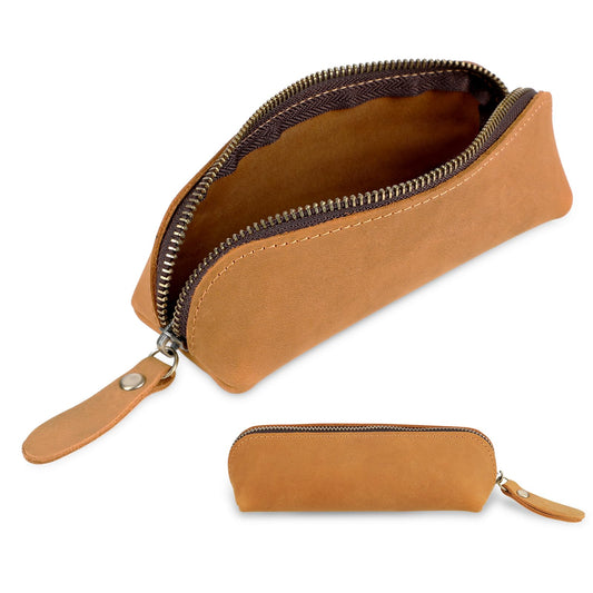 Andibro Genuine Leather Pencil Case, Leather Pencil Pouch Large Capacity, Big Pencil Pouch with Zipper Vintage Pen Bag Fountain Pen Holder for Men Women Businessmen Artists Home Office(Brown)