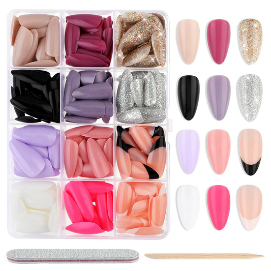 Andibro 288 Pcs Press on Nails Set, 12 Colors Full Cover False Long Fake Nails Kit Matte & Glitter False Nails Coffin Medium Length Nail Tips Sticker for Women Girls Nails Art Decoration(B)
