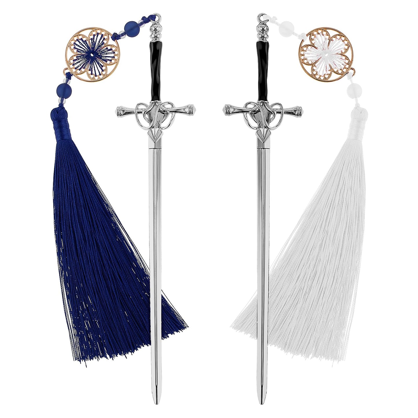 Jeffdad 2Pcs Sword Katana Bookmark Vintage Tassel Metal Pendant Bookmarks Unique Book Lovers Presents Birthday Presents Teacher Gifts Thanks Gift for Boyfriend(Silver Blue + Silver White)