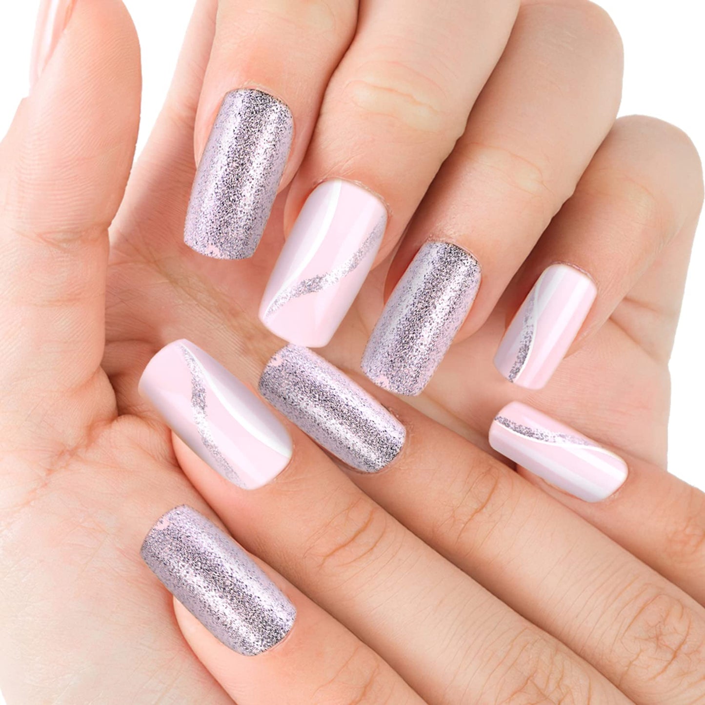 Cobee Press on Nails Short, 24 Pcs Square Pink Bling Fake Nails Set Reusable False Nails with 24 Jelly Glue and 1 Nail File Set for Stick on Nails for Women Daily Wear Art Decorations(C)