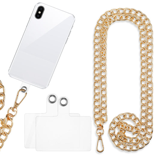 Jeffdad Gold Cell Phone Lanyard, Adjustable Crossbody Phone Chain, 11mm Mesh Metal Phone Lanyard Chain with 2Pcs Phone Tether Tab, Detachable Phone Chain Strap Compatible with Most of Phone