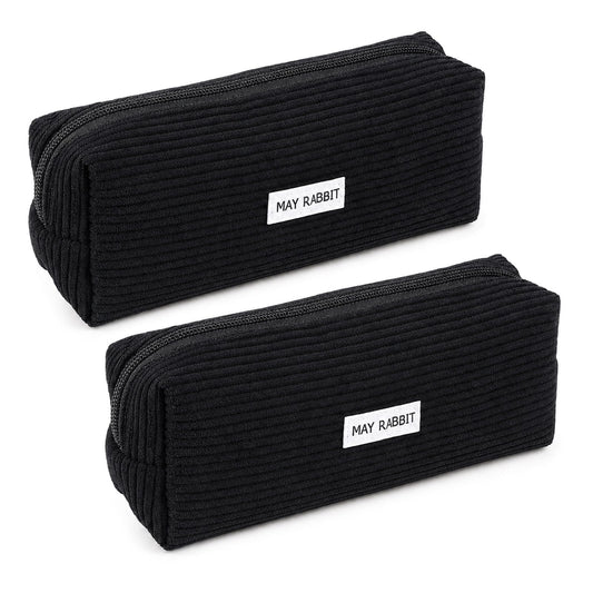 Amabro 2 Pencil Case Corduroy Fabric Pencil Case with Zip Large Capacity for School Office Fabric Pencil Case Cosmetic Bag Cord Pencil Case Gift Idea, black, Corduroy Pencil Cases