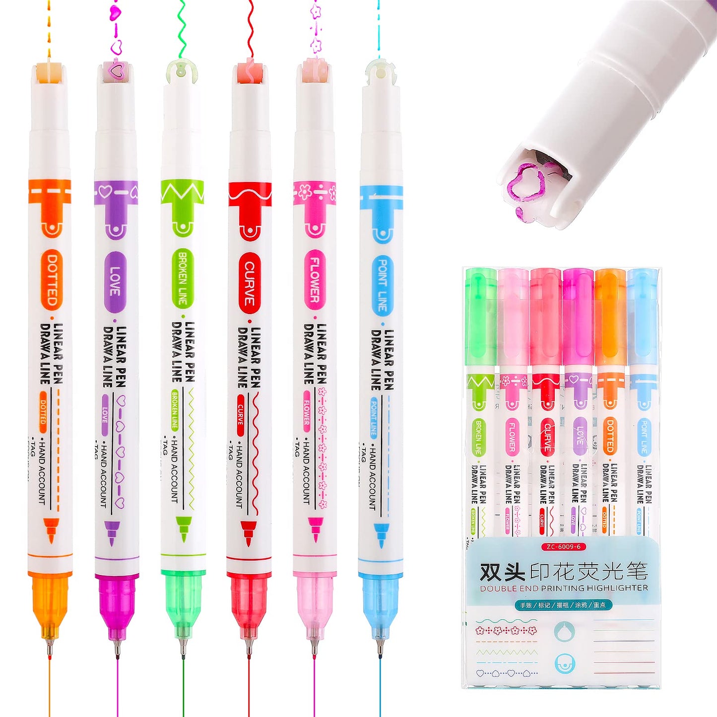 cobee® Aesthetic Curve Highlighters, Dual Tip Marker Pens 6 Different Curve Shape Highlighter Pen Pastel Journaling Pen Curve Craft Pens for Art Writing Drawing Scrapbook Office School Supplies