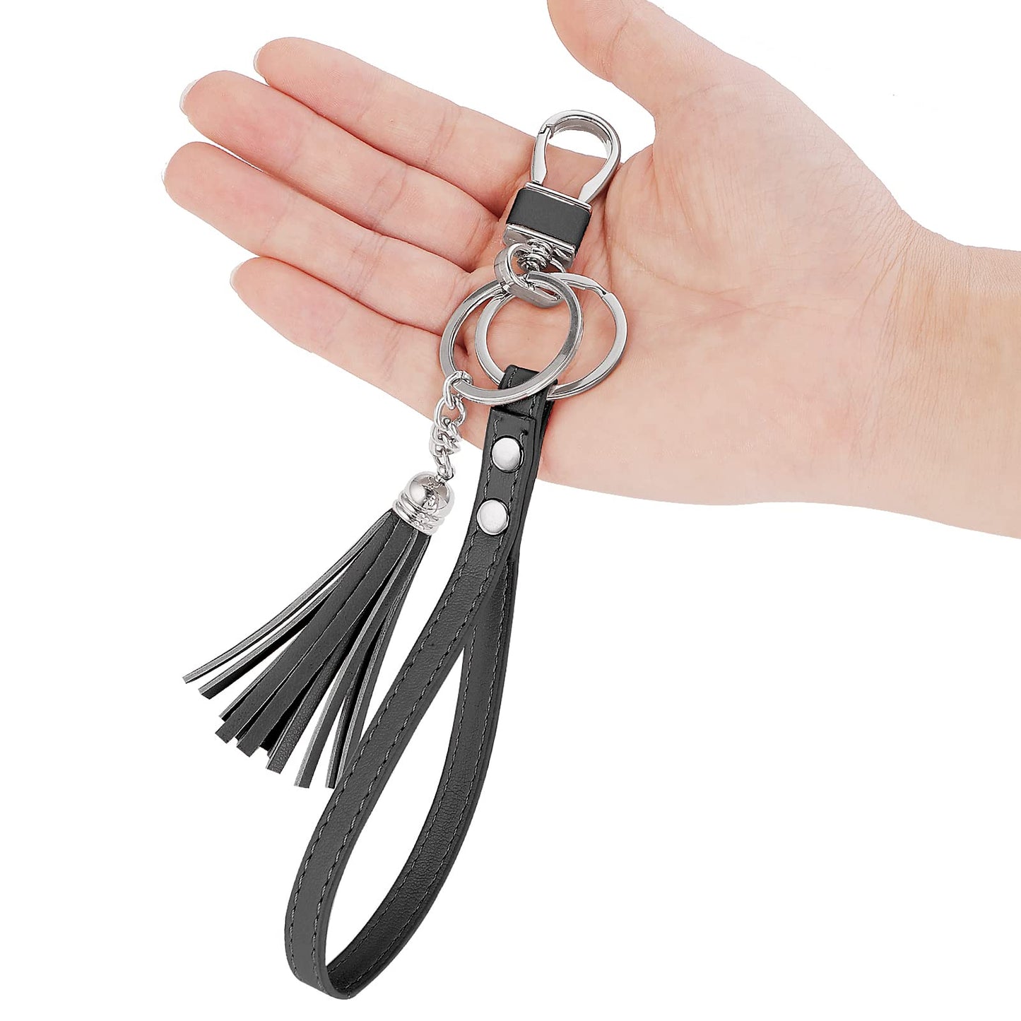 TIESOME Women's Keychain with Wrist Strap for Key, Hand Wrist Lanyard Keychain Holder Leather Hand Strap with Tassel and Flat Alloy Key Rings (Black)