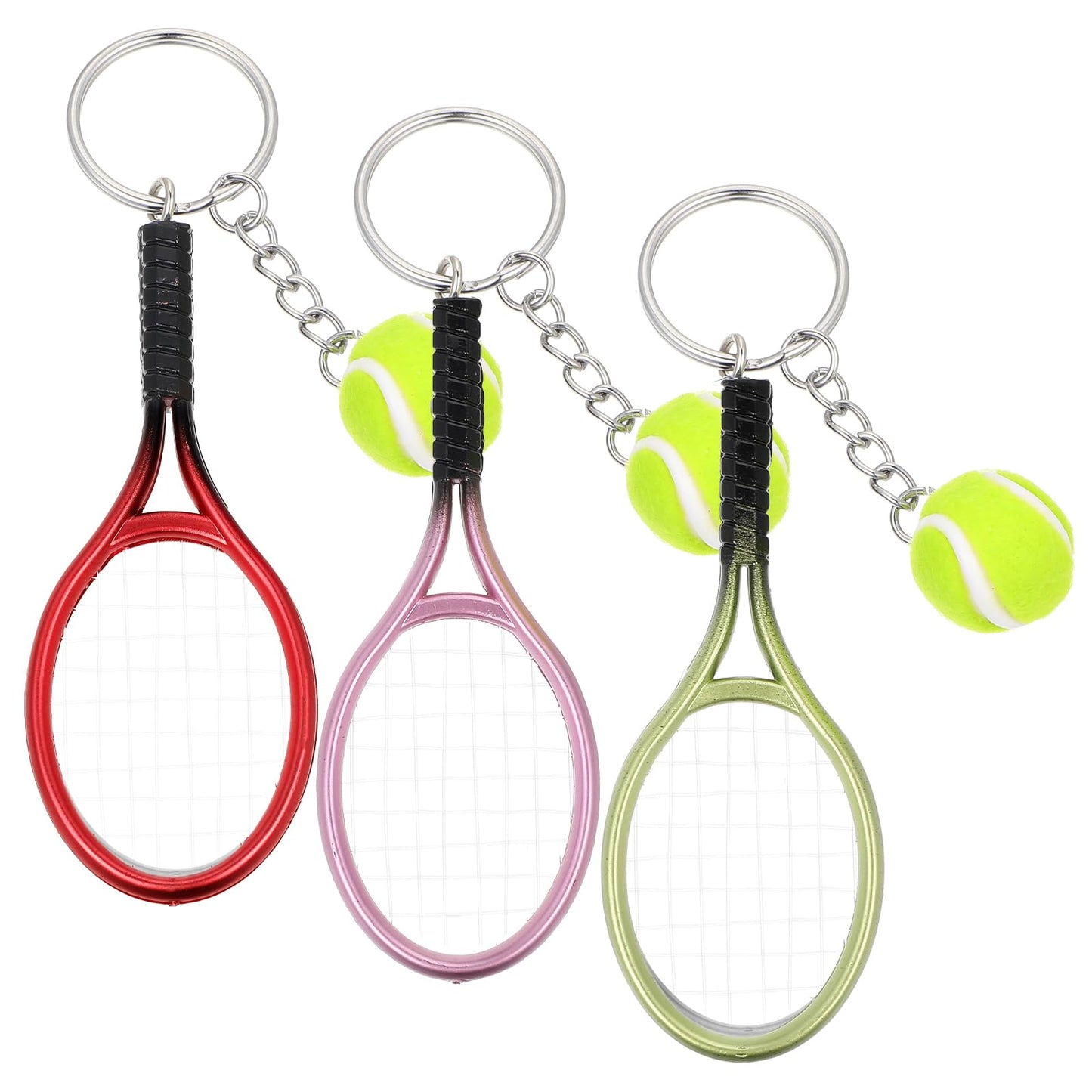 Yuanchu Set of 3 Tennis Racket Keychains, 3 Colours Tennis Key Chain, Sports Keyrings, Mini Tennis Ball Pendant, Sports Lover, Gift for Men, Women, Girls, Purple, green, red, 3.54in