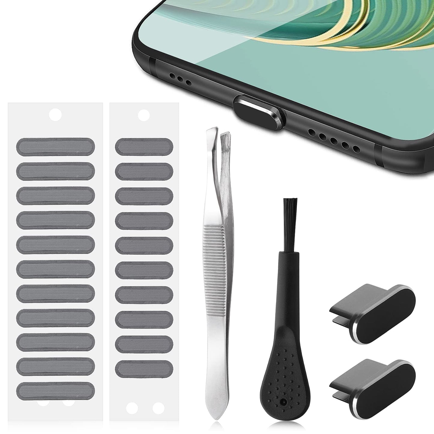 TIESOME Phone Speaker Dustproof Net Stickers Set, 24PCS Speaker Mesh Anti Dust Adhesive Sticker Type C Anti Dust Plug Dustproof Cover Kit with Tweezers and Cleaning Brush