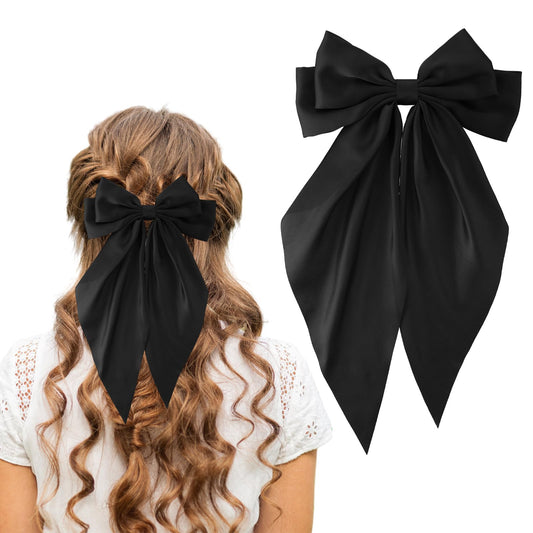 Andibro Long Tail French Ribbon Bow Hairpins, Big Bow Barrettes Soft Silky Satin Hair Clips Aesthetic Hairclips Metal Bowknot Clips Bow Hair Dress Up 90's Accessories Decor for Wedding Party(Black)