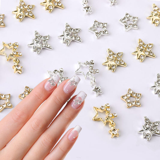 Bewudy 48 Pcs 3D Star Nail Charms Rhinestones, Gold Silver Nail Charms for Acrylic Nails, DIY Manicure Decoration Crafts Arts Nail Accessories for Women Girls