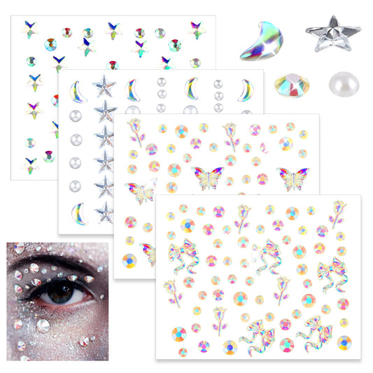 Amaxiu 4 Sheets Moon Stars Face Gems Stickers, Colorful Self Adhesive Face Jewels Stick on Rhinestones Jewelry Eye Body Sticker Rhinestones Crystals Stickers Face Rhinestones for Halloween (B)
