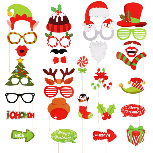 Amaxiu 32pcs/Set Christmas Party Photo Booth Props Kit, Funny Christmas Selfie Pose Sign Props Selfie Holiday Christmas Photo Booth Prop Xmas Party Glasses Frames for Birthday New Year Photography