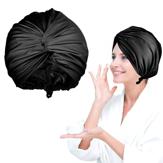 Giantree Silk Bonnet for Sleeping Women, Adjustable Silk Hair Wrap for Sleeping, Double-Layer Silk Satin Bonnet Night Wrap Sleep Cap, For Large Long Curly Hair Braid Women Men(Black)