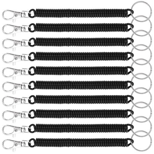 Amaxiu Retractable Coil Spring Keychains, 10pcs Spiral Elastic Cord Coil Keychain Strap Theftproof Anti-lost Stretch Cord Safety Key Ring with Metal Lobster Clasp for Keys, Wallets, Cellphone(Black)