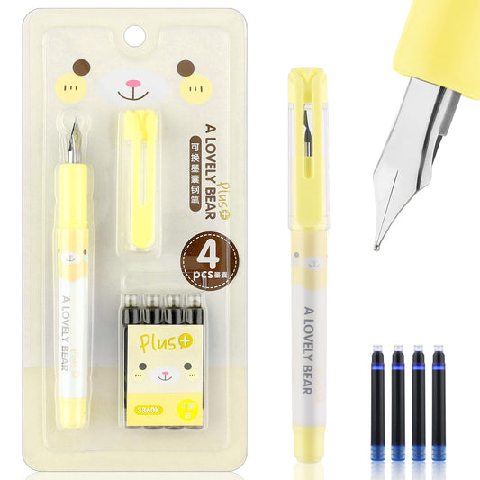Amabro Fountain Pen with 4 Blue Ink Sac, Cute Cartoon Fountain Pen with Ink Converter Ink Bladder Fountain Pen Smooth Writing Pen for Student Stationery Office Supplies(Yellow)