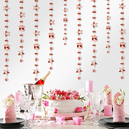 MBAIYO Pack of 4 Rose Gold 13th Birthday Decorations, 13 Years Metallic Banner 118 in Circle Dot Twinkle Star Garland Hanging Streamer Bunting Banner Background for Girls Boys Teenager Party
