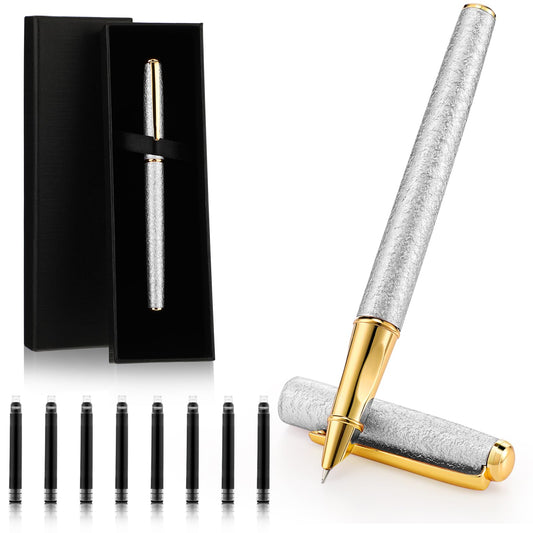 Amabro Metal Fountain Pen Set, 0.5mm Fine Point luxury Pen Calligraphy Pen Smooth Writing Pens with Ink Sac Nice Pen Gift Case for Men Women Professional Executive Office School Journaling(Silver)