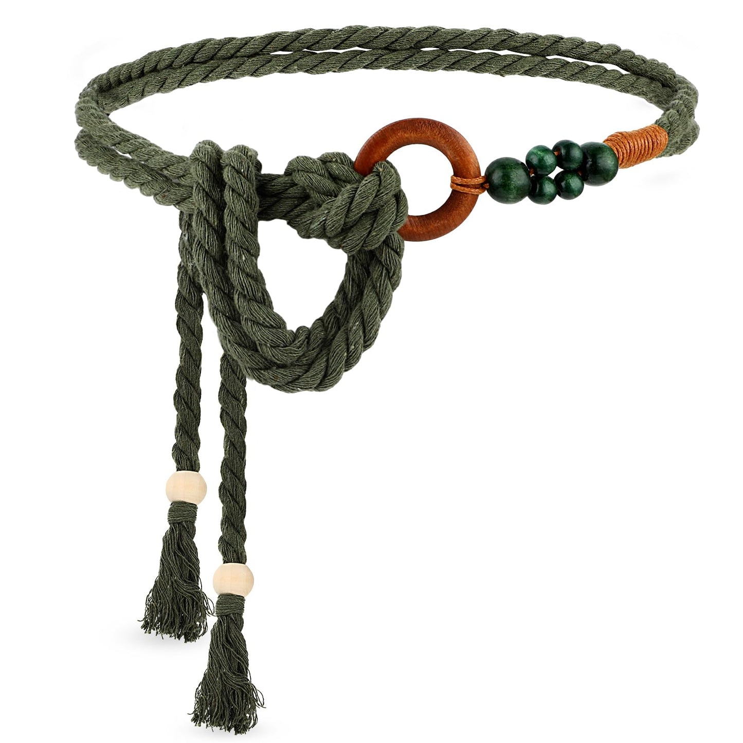 TIESOME Women's Skinny Tassel Waist Belt with Wooden Beads, Thin Woven Waist Rope Belt for Women Girls Godness Braided Waist Belt Rope Chain for Dresses Skirts Tunics (Green)