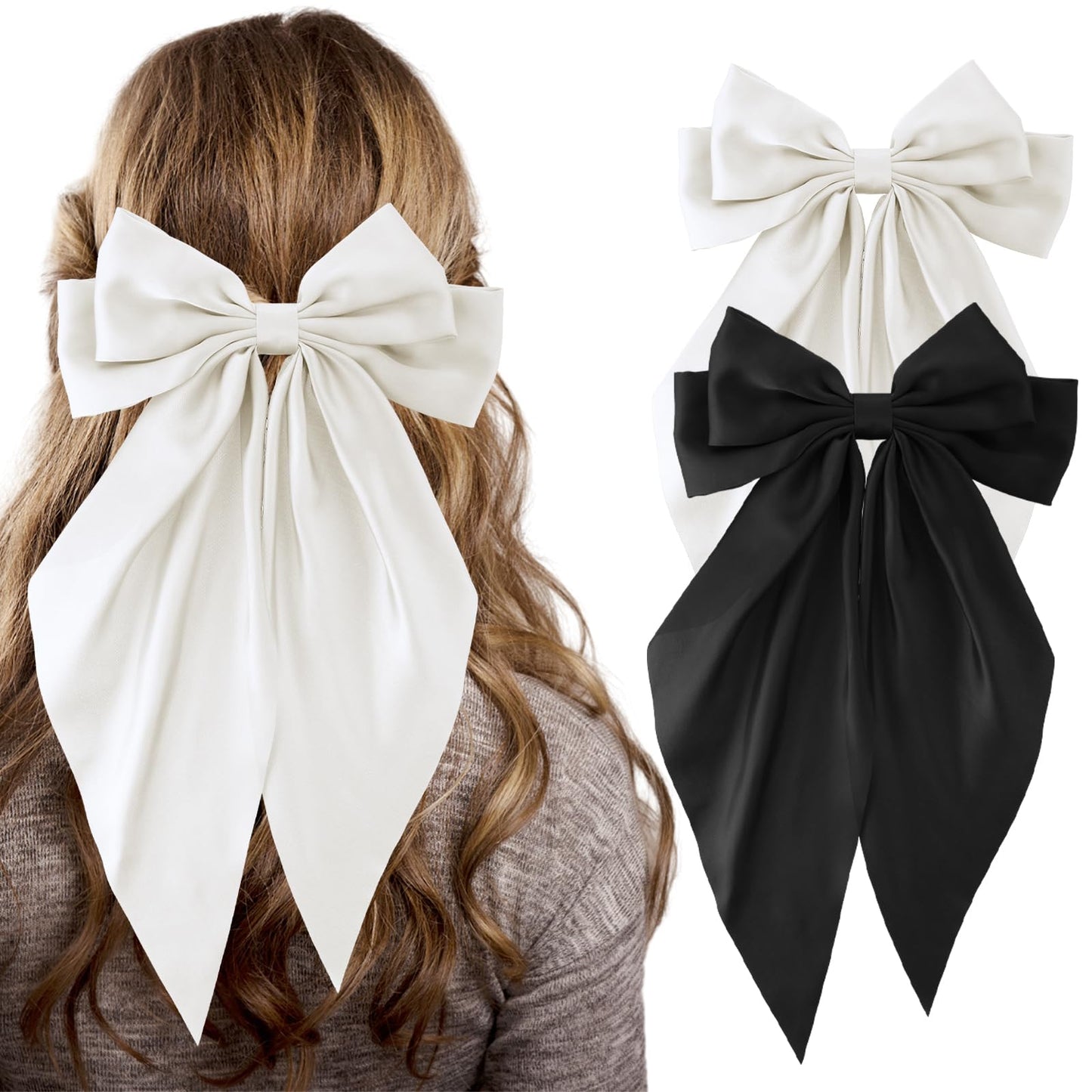 TIESOME Satin Bow Hair Clips For Women,2PCS Long Tail Hair Bows Hair Clips Ribbon For Hair French Hair Clips Silky Hair Barrettes with Metal Clips Cute Aesthetic Hair Accessories For Girl(Black+White)