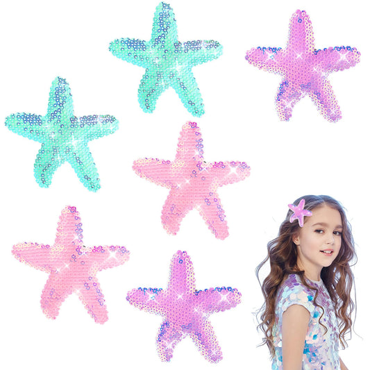 Amabro 6PCS Starfish Hair Clips, Sea Star Hair Barrettes Starfish Hair Accessories Seashell Headpiece Hair Claw Glitter Hair Alligator Clip Sequins Hairpins for Women Girls (Blue, Violet, Purple)