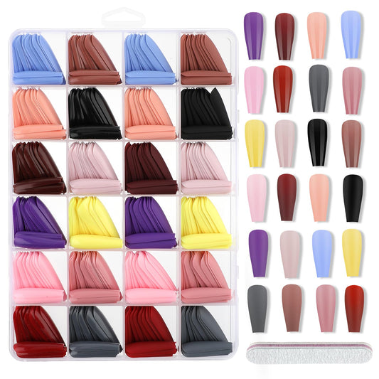 Amaxiu 576pcs Press On Nails Long Coffin, 12 Pack Full Cover Fake Nails Long False Nail Tips 12 Matte Colors Press On Nail 12 Glossy Colors Press On Nail Solid Color False Nails with Nail File(Long)