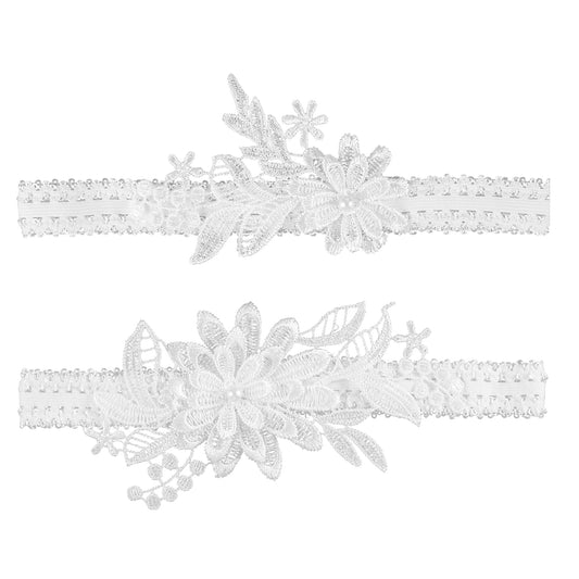 Jeffdad 2 Pieces Bridal Lace Wedding Garter Sexy Bride Pearl Floral Stretch Prom Garter Women Wedding Legs Garter Set(White)