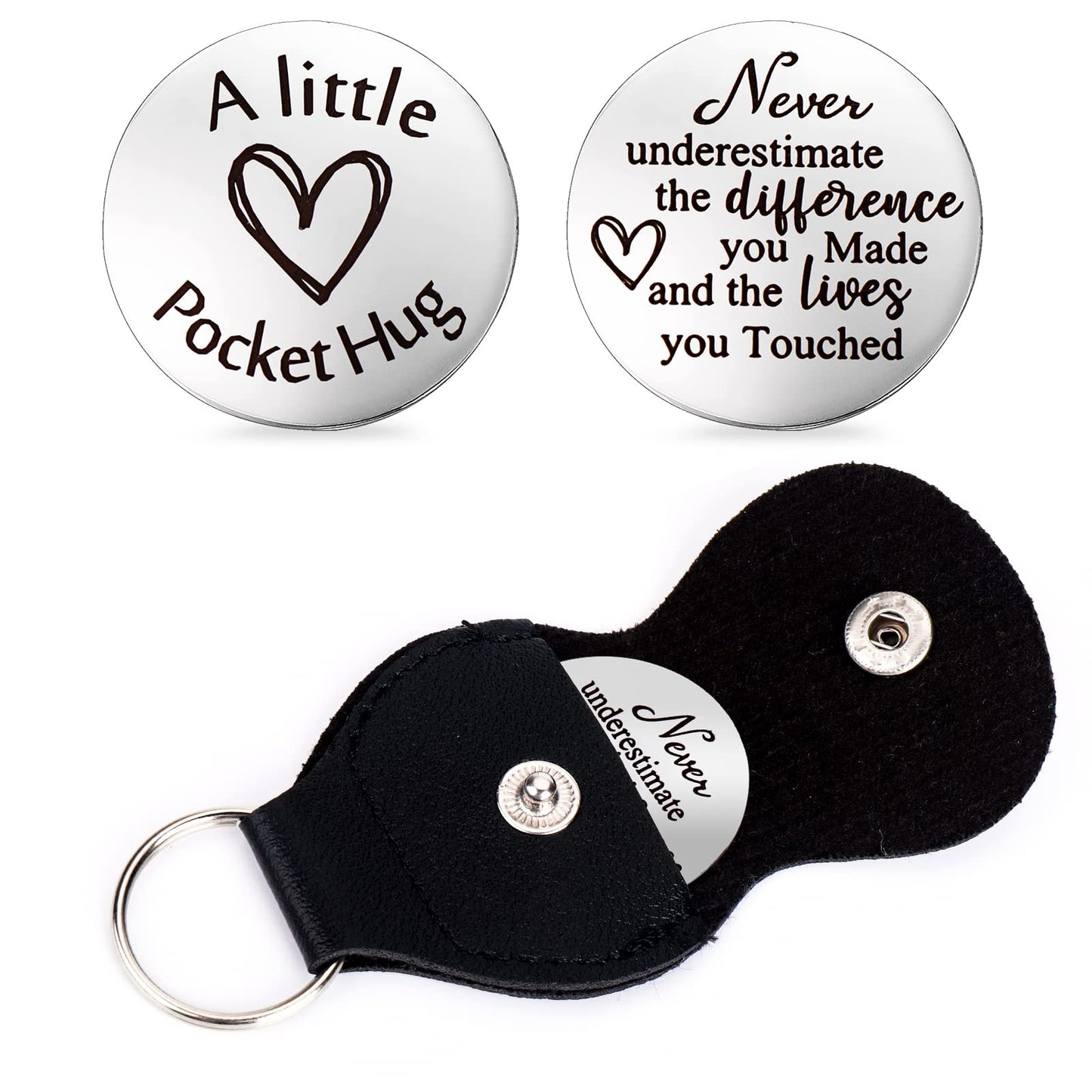 cobee Pocket Hug Token, Encouragement Long Distance Relationship Keepsake Stainless Stell Double Sided Inspirational Pocket Hug Token Gift with Leather Keychains for Family, Friends, Lovers(Style-E)