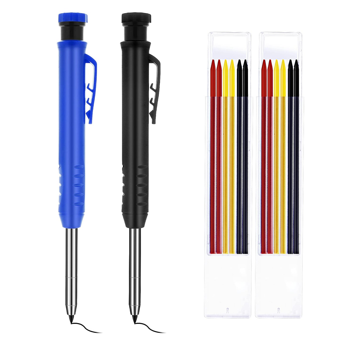 cobee Carpenter Mechanical Pencils, 2pcs Solid Carpentry Automatic Pencils Set with 2pcs Solid Carpenter Pencil Refills for Drawing Scribering Woodworking with Refills Erasers Sharpener(Black+Blue)