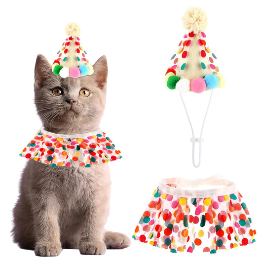 Andibro Cat Birthday Outfit, Cat Dog Princess Costumes, Cat Dress Clothes Lace Crown Accessories for Cats Small Dogs Bib Scarf and Christmas Hat Doggy Cat Birthday Party Decorations Set