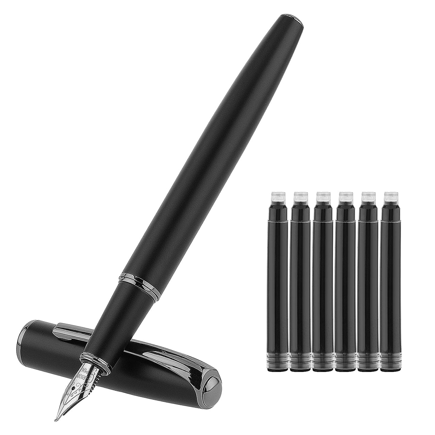 TIESOME Metal Fountain Pen Set, Fine Iridium Nib Fountain Pen with 6 2.6mm Black Ink Cartridges Matte Fountain Pens Smooth Writing Pen for Calligraphy Journaling Gift Office Business