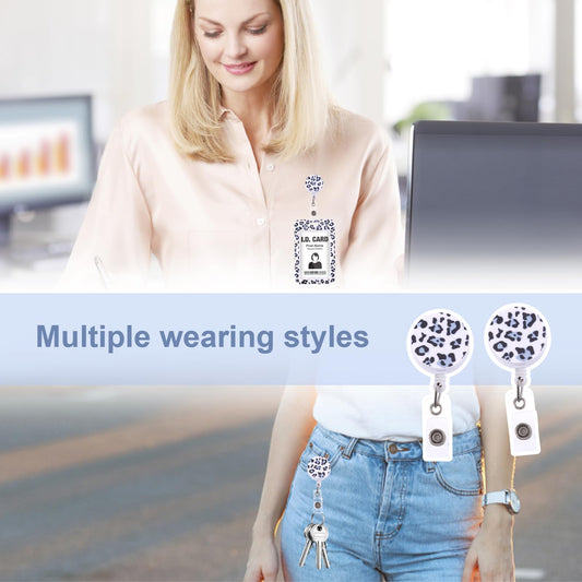 Bewudy Retractable Badge Holder, Personality Snow Leopard Cute Badge Holder, ID Badge Holders with Retractable Clip for Employees Office Work Women Men (White Leopard)