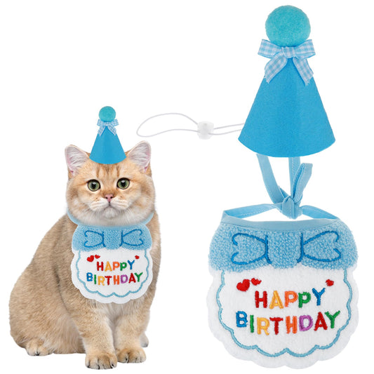 Amaxiu Cute Cat Birthday Scarf Hat Set, Small Pet Embroidered Bandana Happy Birthday Decorations Puppy Birthday Party Supplies Kitten Birthday Bandana for Girls Boys