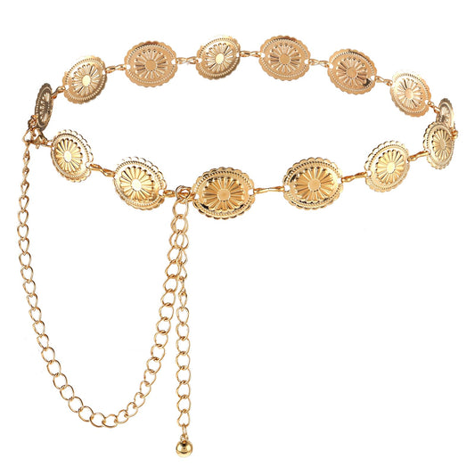 JIEYAO Western Metal Concho Belt, Cowgirl Chain Belts for Women Country Concert Dress Belts Hollow Out Daisy Boho Waist Chain(Gold)