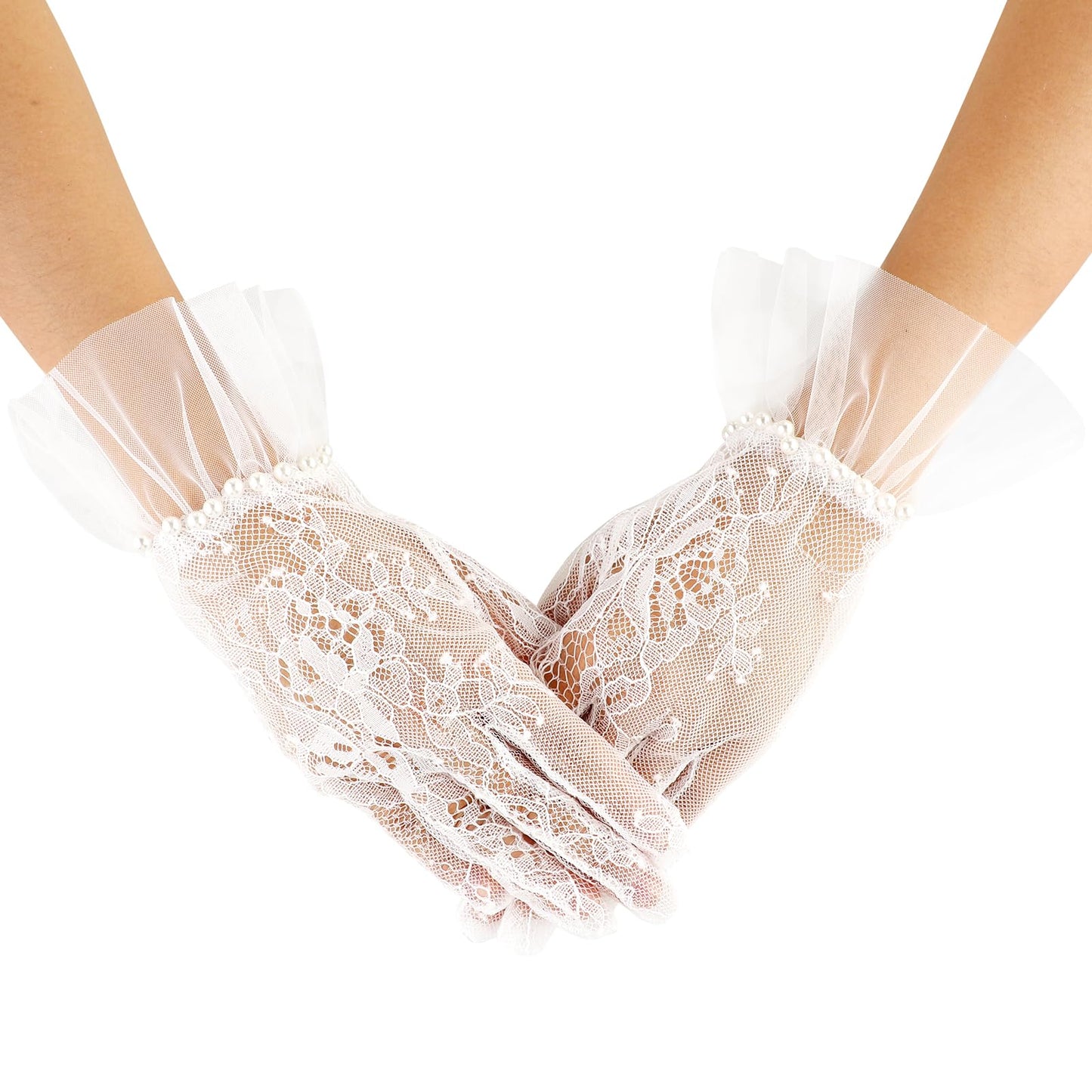 simarro Tulle Gloves for Women, Border with Pearls Gown Gloves Groovy Wedding Gloves 70s Bride Elegant Gloves for Wedding Dance Party Costume Accessories(Beige)