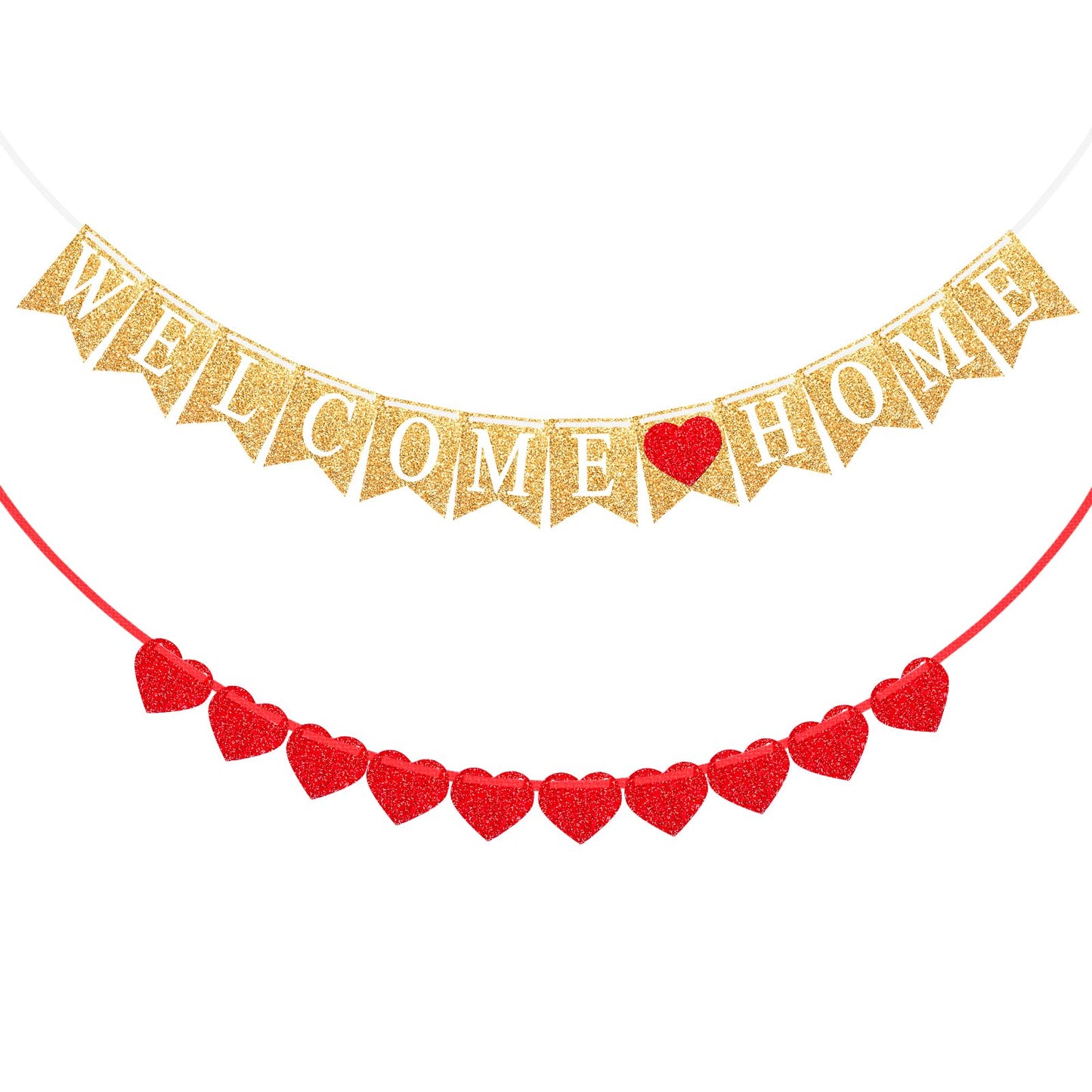 Amabro Welcome Home Banner, Welcome Home Decorations Gold Glitter Welcome Home Sign with Red Heart Welcome Back Party Decor for Family Housewarming Gathering Photo Booth Props Theme Party Supplies