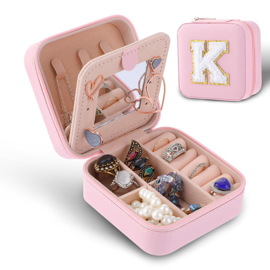 Amaxiu Mini Small Jewelry Box, Portable Travel Jewelry Organizer with Mirror Travel Essentials Jewelry Case Display Holder Gift for Women Girls Ring Earrings Necklace Bracelet Bangle, Pink(K)