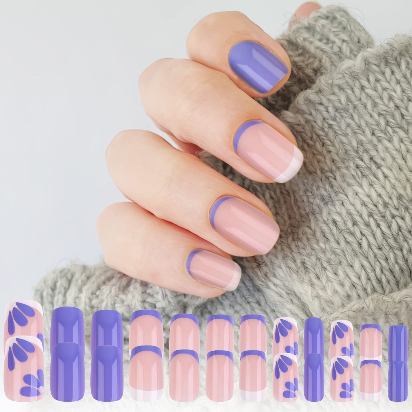 cobee Press on Nails Short, 24 Pcs Purple French Tip Square Fake Nails Floral Design False Nails Short Coffin Glossy Fake Stick on Nails Acrylic Glue Full Cover Stick on Nails for Women(Purple)