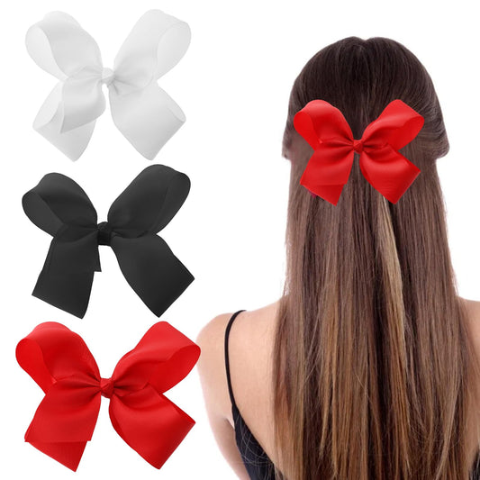 Amaxiu 3 Pcs Ribbon Hair Bow Clips, 6 Inch Large Barrettes Hairpin Solid Color Ponytail Holder Vintage Hair Bobbles Hair Styling Accessories for Girls Women Christmas Birthday Valentine's Day(B)