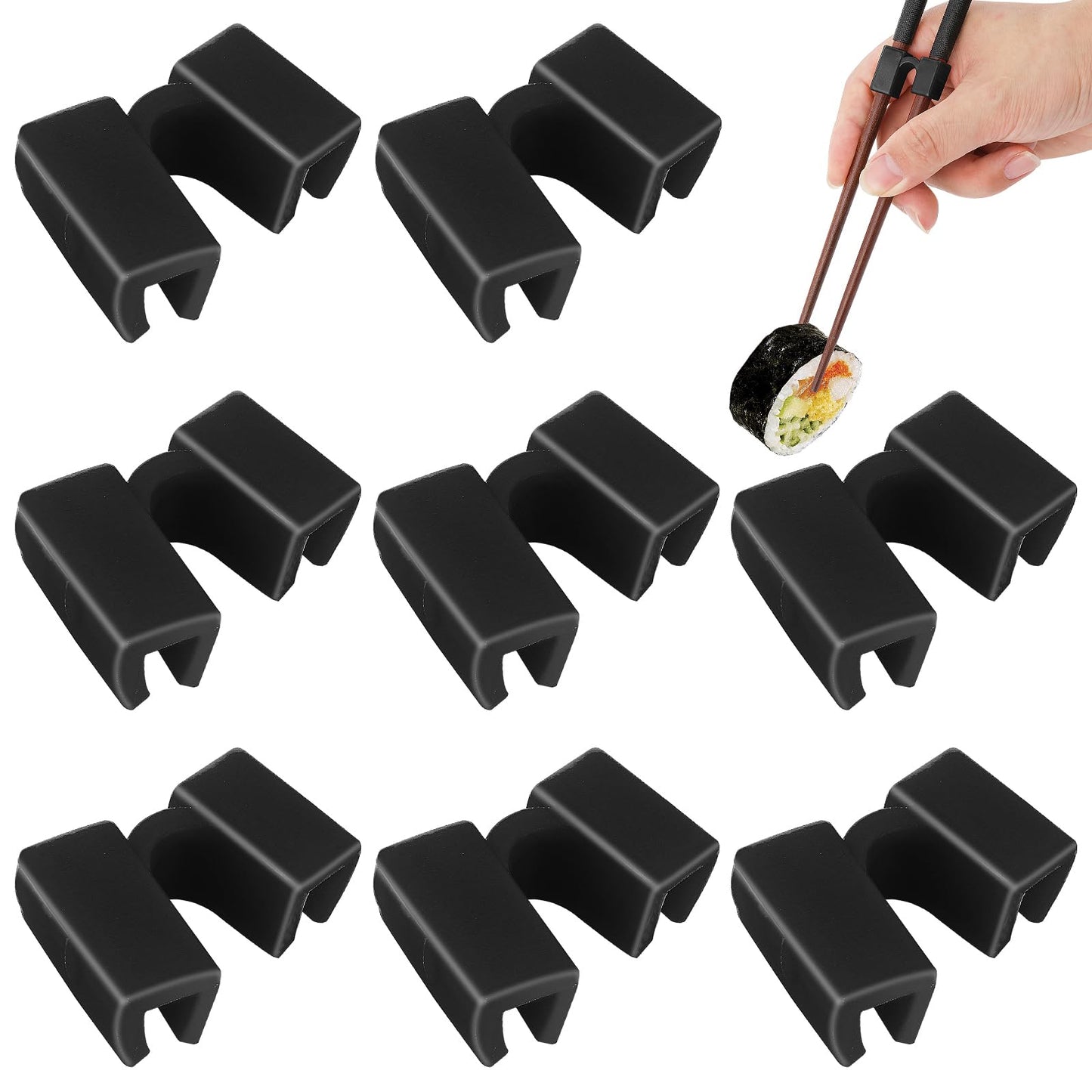 simarro Reusable Chopstick Helpers, 8/16 Pairs Non-slippery Training Chopstick Hinges Connector Heat Resistant Chopsticks Holder with Clip for Adults Kids with Chinese Japanese Korean Food(8-black)