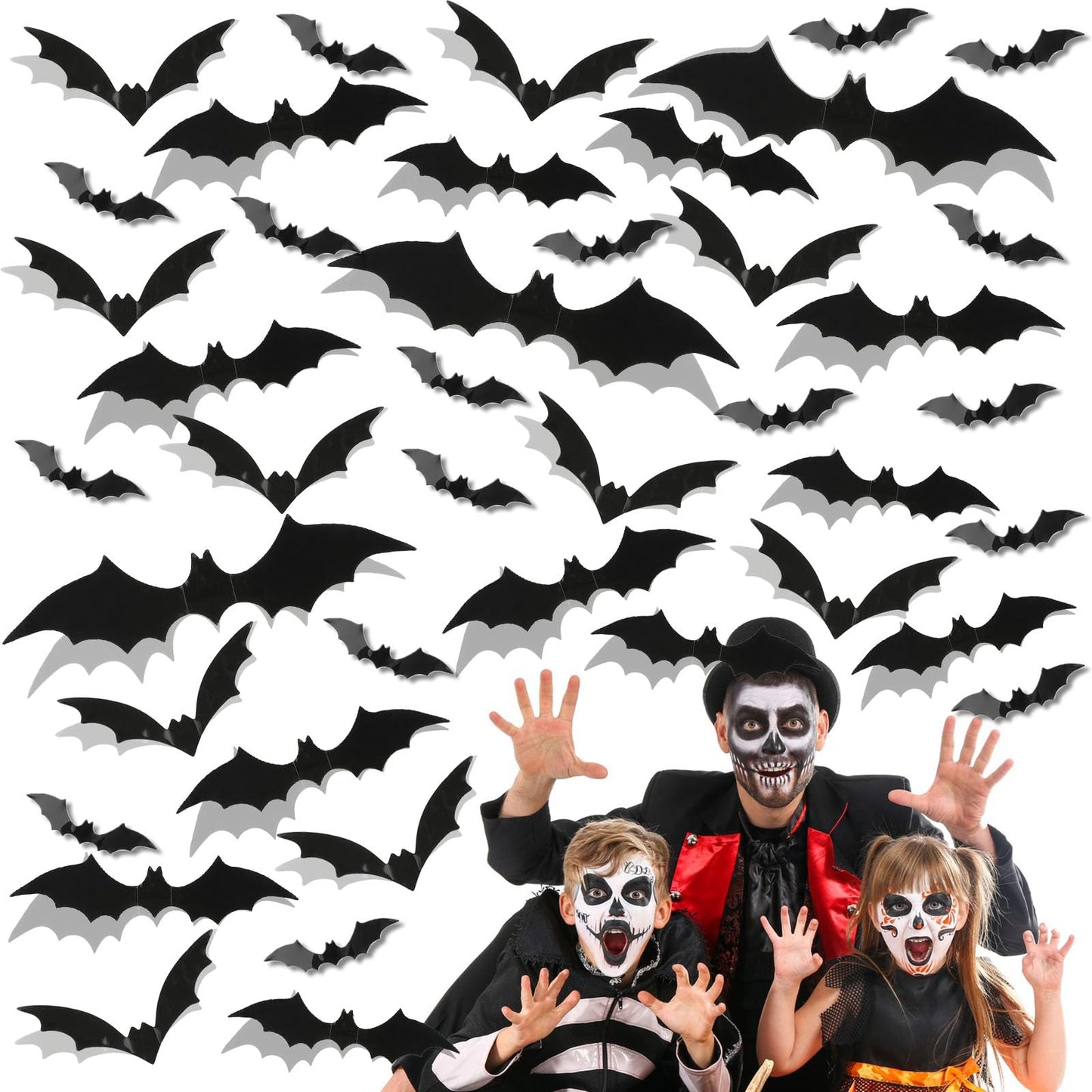 simarro 72 Pcs Halloween Wall Decor Bats Stickers, 4 Size Halloween Bats Decoration Stickers Self-Adhesive, 3D Black Bats Sticker Decals for Halloween Party Room Decoration Supplies (72 Pcs Set)