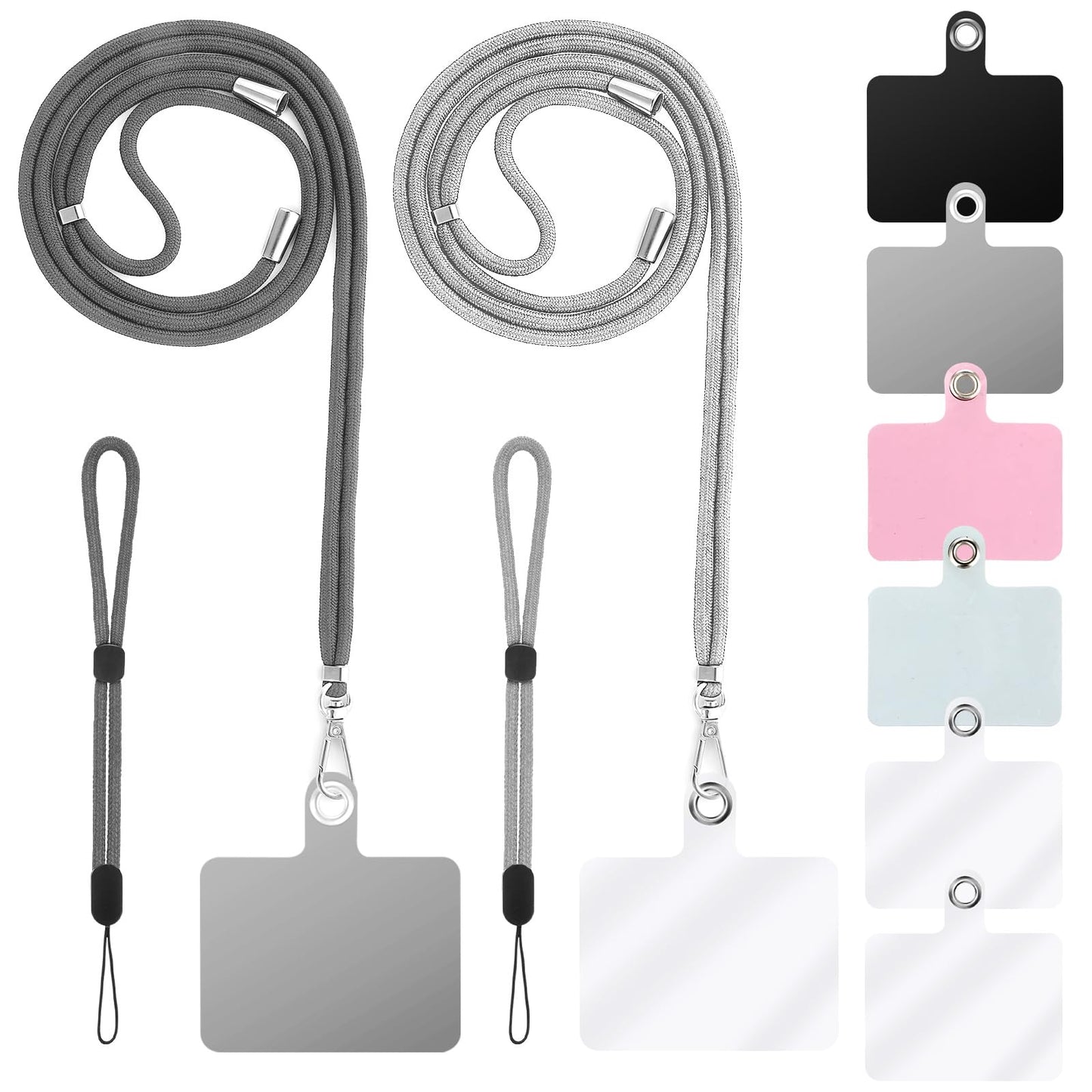 Cobee Cell Phone Lanyard, 2pcs Neck Lanyard + 2pcs Wrist Lanyard Strap + 6pcs Phone Tether Tabs, Nylon Crossbody Lanyard Wristlet Straps PVC Tether Pads for Safety Drop Protection(Dark and Light Gray)