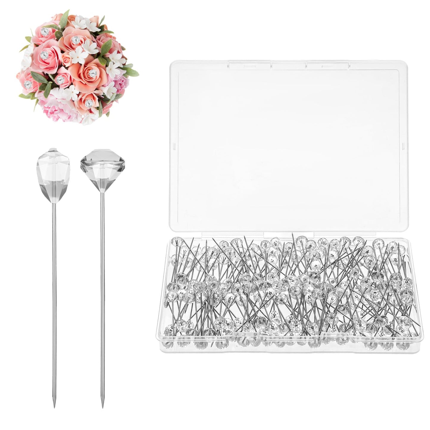 TIESOME 100 Pcs Bouquet Pins Flower Pins, 2'' Clear Corsage Pins Diamond Rhinestones Crystal Head Pins Sewing Straight Pins Scarf Pins (Transparent)