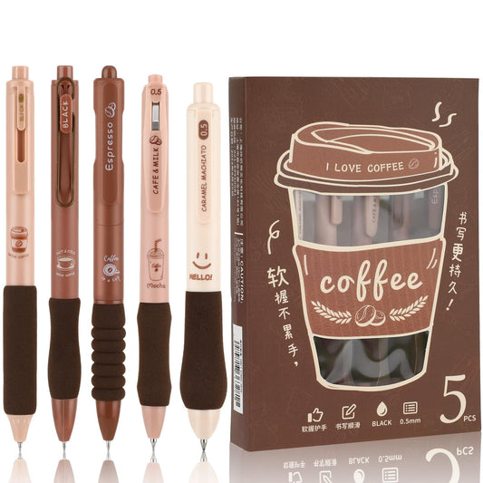 MBAIYO Cute Gel Pen, 5 Pieces Coffee Gel Pens with Soft Rubber Grip, 0.5mm Fine Tip Retractable Pens with Black Ink Smooth Writing for School Diary